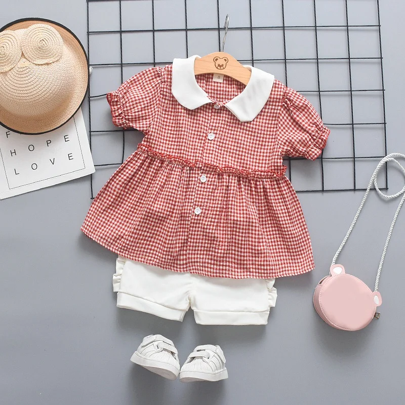 

Baby Girls Casual Short Sleeve Plaid Pattern T-shirt Tops+Shorts Suits Set