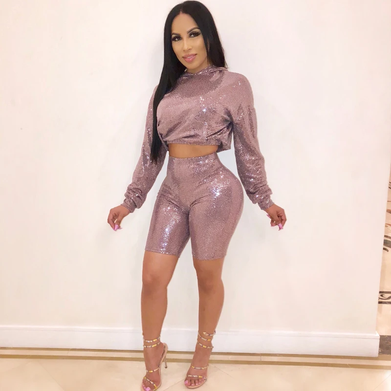 

Women Sequins Playsuits Evening Party Short Rompers Jumpsuits Vintage Style Black Two Piece Set Long Sleeve Overalls Dropship