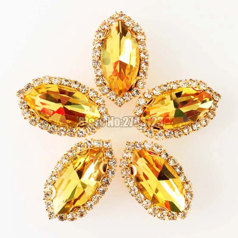 

Factory sales golden yellow Gold bottom Crystal button,Horse eye shape AAA+ Glass Crystal sew on loose rhinestones