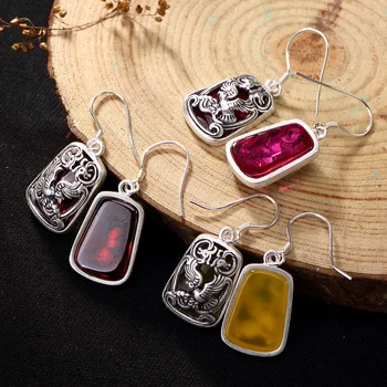 

S999 fine silver phoenix peony pomegranate red high-grade silver restoring ancient ways ms Thai silver stud earrings