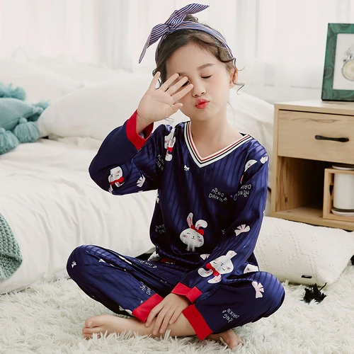 Комплект шелковой пижамы для девочек; коллекция года; Осенняя детская одежда с длинными рукавами; одежда для сна; костюм для девочек; Милые Удобные пижамные комплекты для детей - Цвет: M-6803