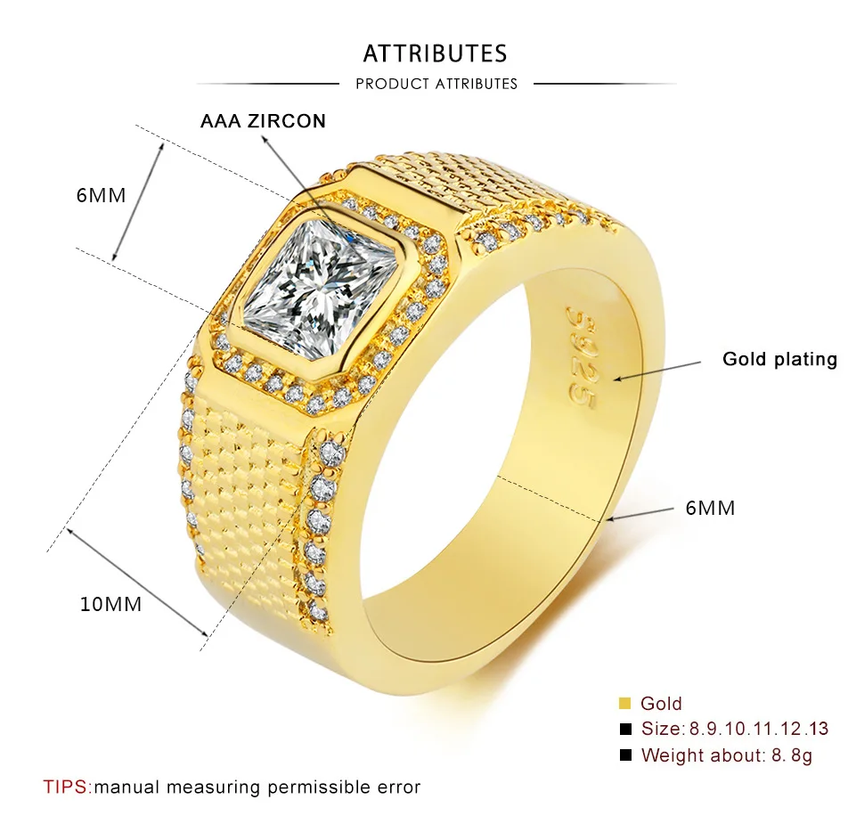 Новинка, распродажа, мужское 18KRGP Золотое 1.5ct бриллиантовое кольцо с камнями из австрийского хрусталя, обручальные кольца для мальчиков, Размер 7-12, подарок