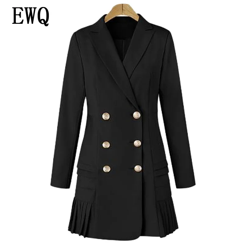 [EWQ] Новое Осеннее модное черное Двухрядное Плиссированное лоскутное свободное Женское пальто с отворотом и длинными рукавами JA9720