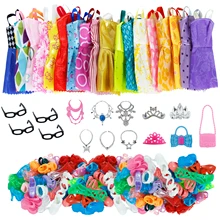 35 предметов/набор кукольных аксессуаров = 10 туфель+ 6 ожерелье 4 очки 3 короны 2 сумочки+ 10 шт. кукольная одежда платье для куклы Барби
