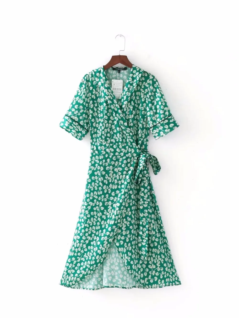2018 Summer Women Vintage Dresses Green Short Sleeve V