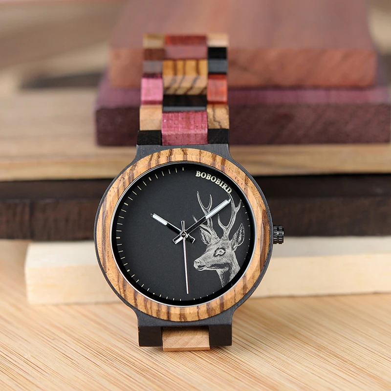 BOBO BIRD P14 Lover's Wood Watches Colorful Wood Band Dear Head Watch Dial Men Women Quartz Watches