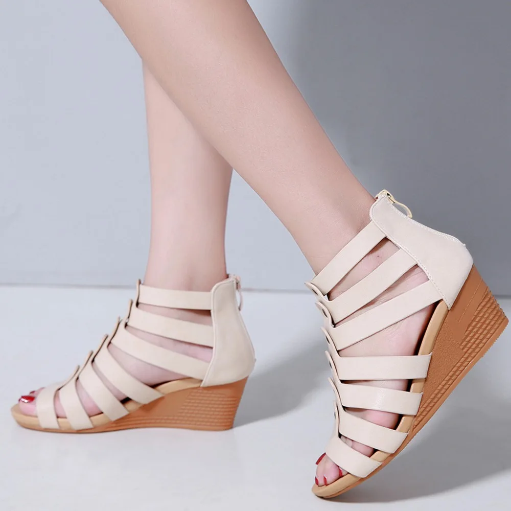 

Casual Fashion Women's Bohemia High Heeled Sandals Zipper Single Shoes Ladies Wedges Sandals Cover Heel Round Toe Basic