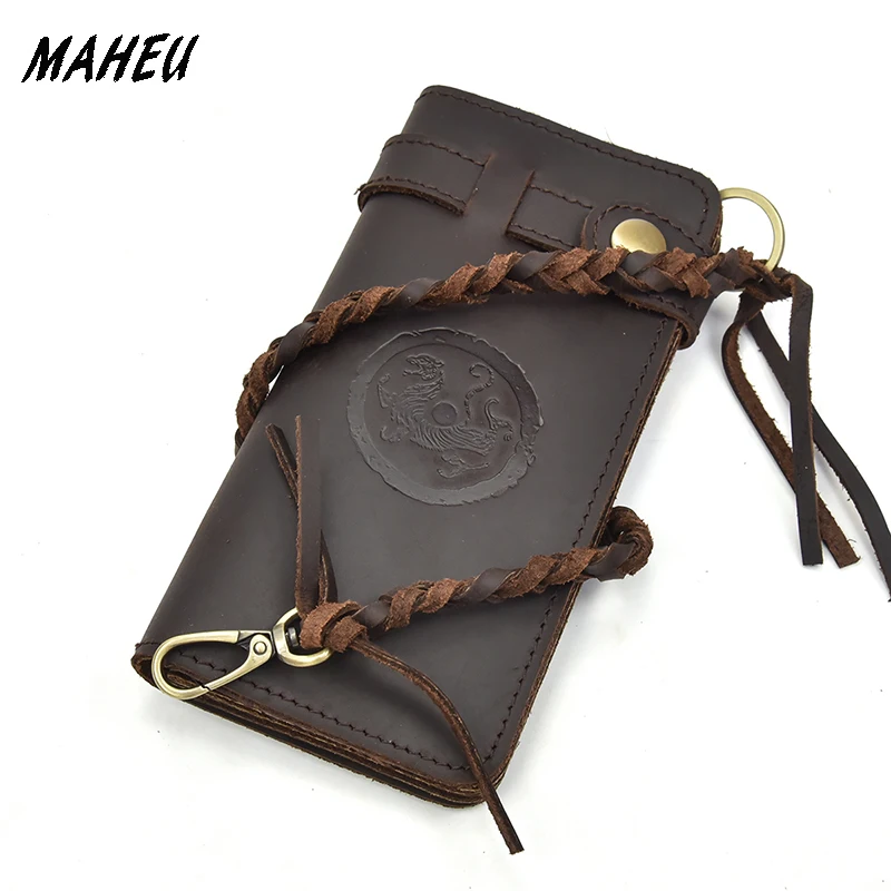 Men/'s Genuine Leather Long Wallet With Zipper Pocket Vintage Bifold Chain