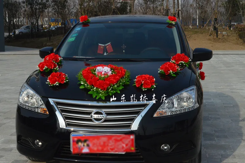

High Quality Artificial Silk Rose Flowers Wedding Car Decoration Set With Two Bears In Heart Shape Wholesale