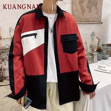 KUANGNAN японский стиль Лоскутная рубашка Мужская Уличная мужские рубашки с длинным рукавом мужские рубашки Повседневная приталенная одежда 5XL Весна