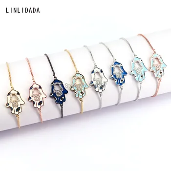 

Fashion 10Pcs Micro Pave Clear CZ Enameled Hamsa Hand Connectors Bracelet Mix Color Chain Adjustable Bracelets
