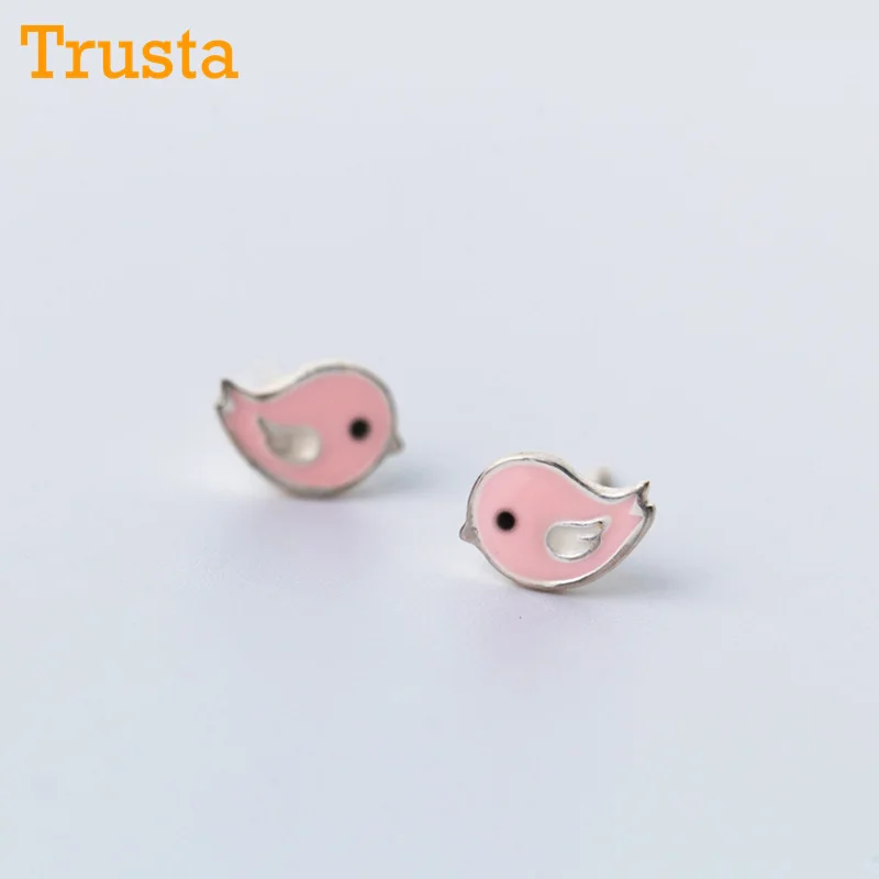 

Trusta 100% 925 Soild Sterling Silver Earring Fashion Glaze Pink Birds 8mmX6mm Stud Earrings Gift For School Girls Kids DS616