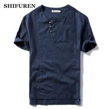 SHIFUREN Летние повседневные мужские рубашки с коротким рукавом мягкие дышащие тонкие хлопковые льняные рубашки ретро воротник Мужская одежда рубашки
