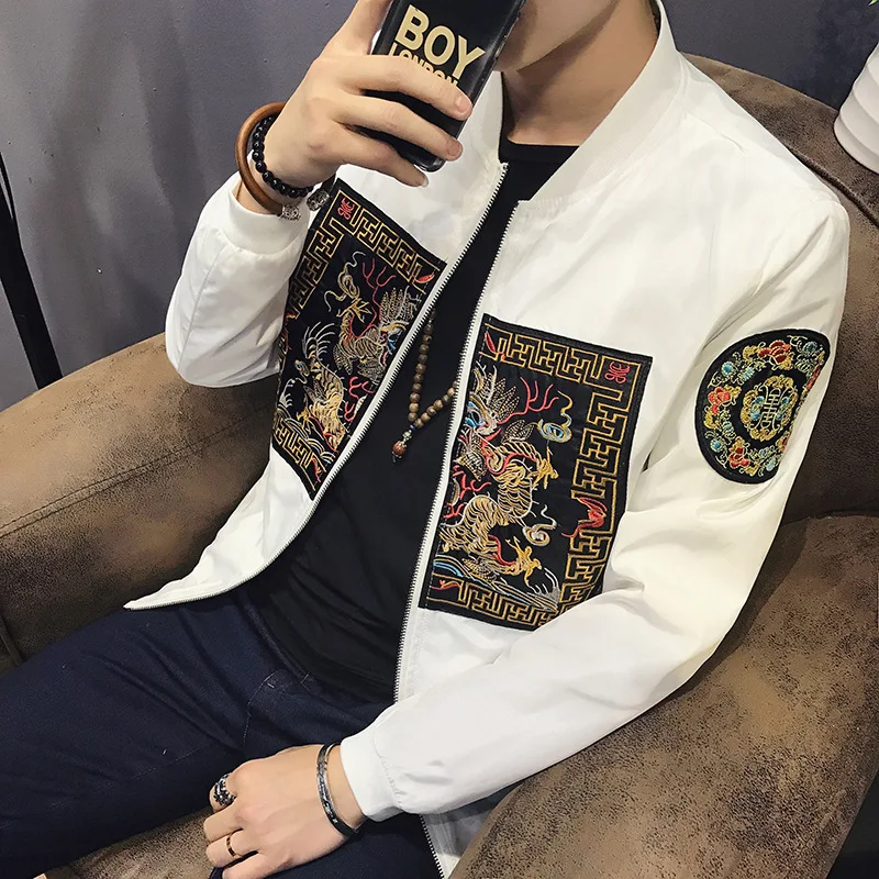 Spring Men Bomber Jacket New Chinese Embroidery Fashion Jackets Men Slim Fit Long Sleeve Men Casual Coats Windbreaker 5XL-M