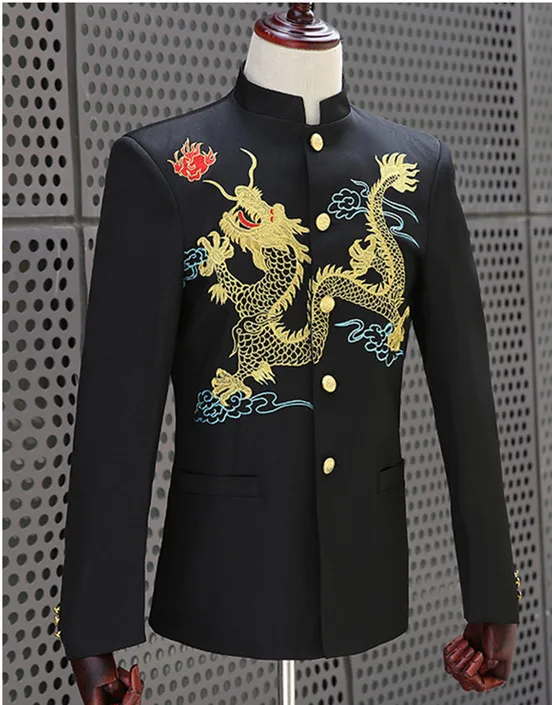(jacket+pants) Men suits Chinese style Costume Studio black white embroidered tunic youth dress suit Male Wedding groom clothing (jacket+pants) Men suits Chinese style Costume Studio black white embroidered tunic youth dress suit Male Wedding groom clothing