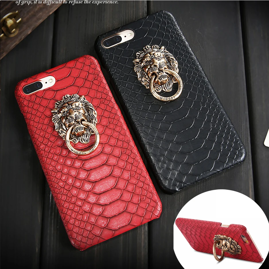 Hard Case with Metal Retro Lion Ring Holder for Iphone X 8 10 5 5s SE 6 6s 7 Plus Snake Leather Print PC Cover Stand Phone Coque |
