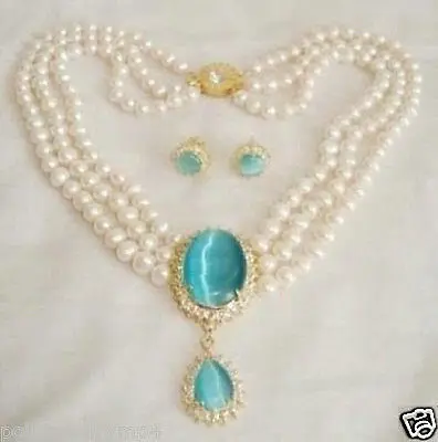 

FREE SHIPPINGHot! CharmiNg! jewelry Natural white pearl necklace opal pendant earring set