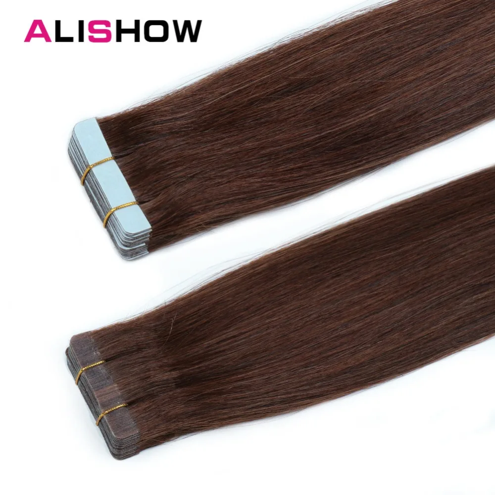 Alishow Tape In Remy Human Hair Extensions Double Drawn Remy Hair Straight Invisible Skin Weft PU Tape On Hair Extensions