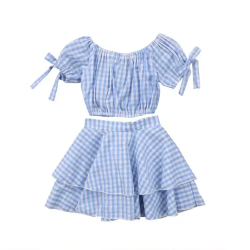 2Pcs Toddlers Baby Girls Outfits Plaid Off-Shouler Crop Top Shirt Ruffle Skirt Set