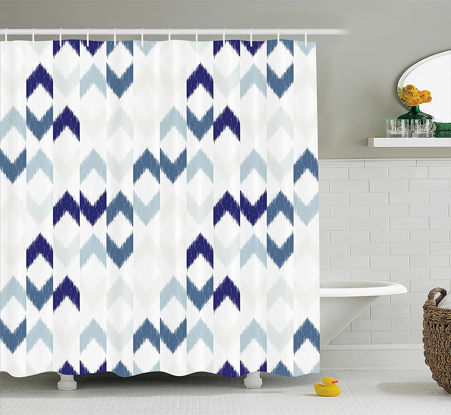 Navy Shower Curtain Abstract Ethnic Ikat Chevron With Hazy Zigzag