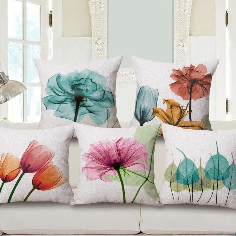 

Flowers Ink Painting Cotton Linen Pillow Case Cover Decorative Chair Seat Square 45x45cm Home Living Room