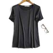 pure color Шелковый креп-сатин show тонкой круглой воротник голова свободно Джокер женские шелковые майки с короткими рукавами черный 2