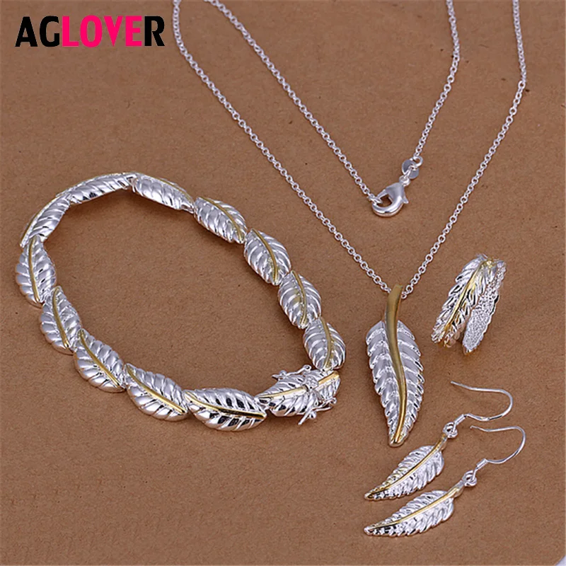 

Fashion Personality Feather Pendant Chain Long Necklace Bracelet Earrings Ring 925 Silver Women Luxury Jewelry Sets