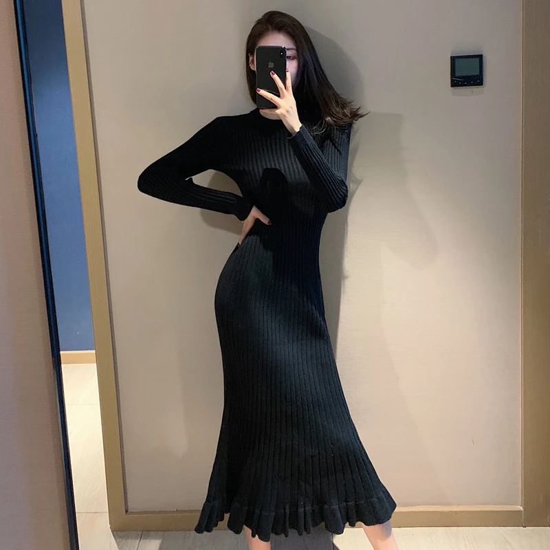

2019 Autumn Winter Retro Long knitted dress elegant lady temperament black ladies dress slim dresses robe femme bandage vestidos