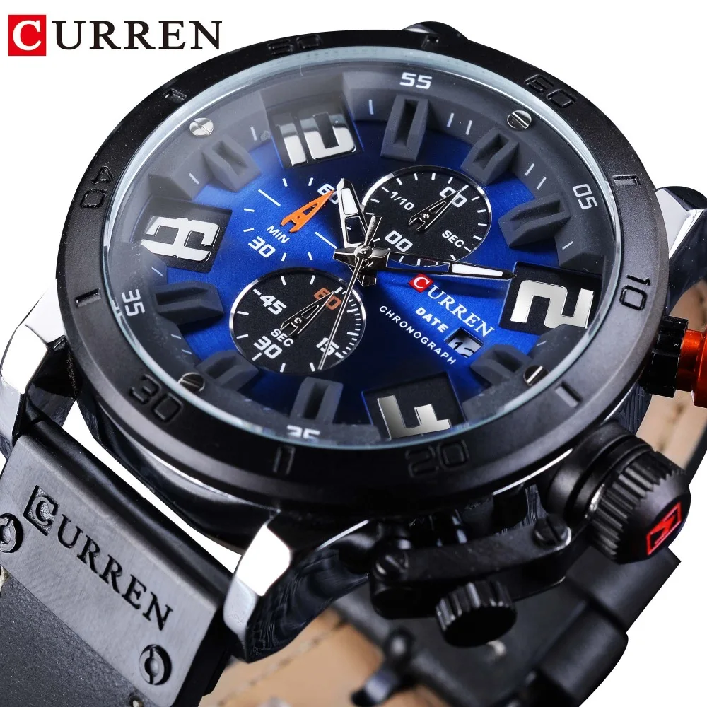 

CURREN 2018 Fashion Blue Dial Military Black Leather Calendar Display Chronograph Men Quartz Sport Wrist Watch Top Brand Luxury