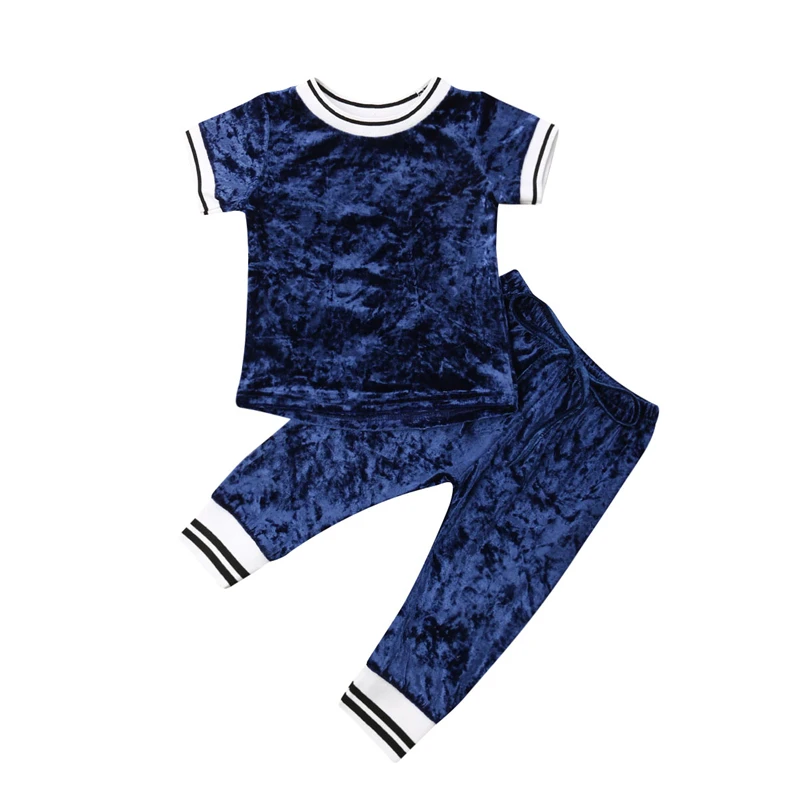 

Summer Kids Baby Girls Clothes Tracksuit Solid T-shirt Tops Long Pants Bow Band Clothes 2Pcs Sets
