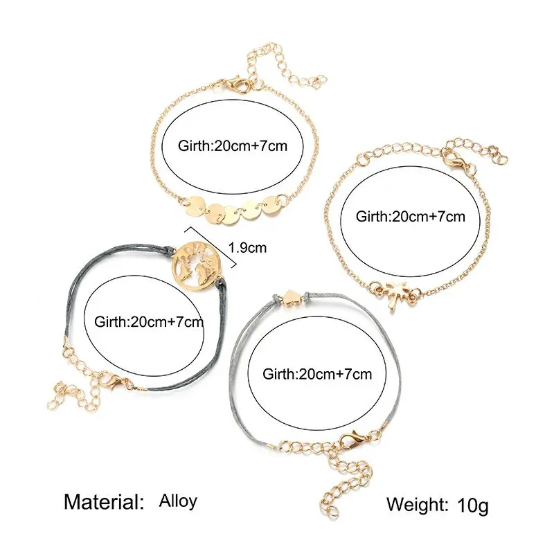 Модный женский браслет, золотая карта, кокосовое дерево, в форме сердца, 4 шт, браслет, летний браслет, подарок для друзей на день рождения