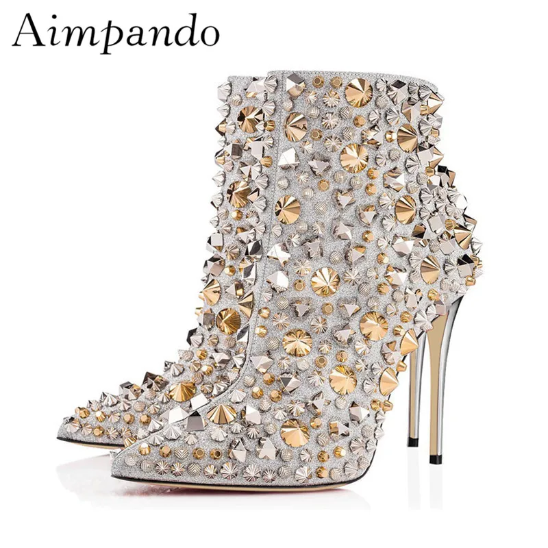

Luxury Rhinestone Ankle Boots Women New Spring Autumn Stiletto Heel Pointed Toe Side Zip Diamond Short Botas Mujer
