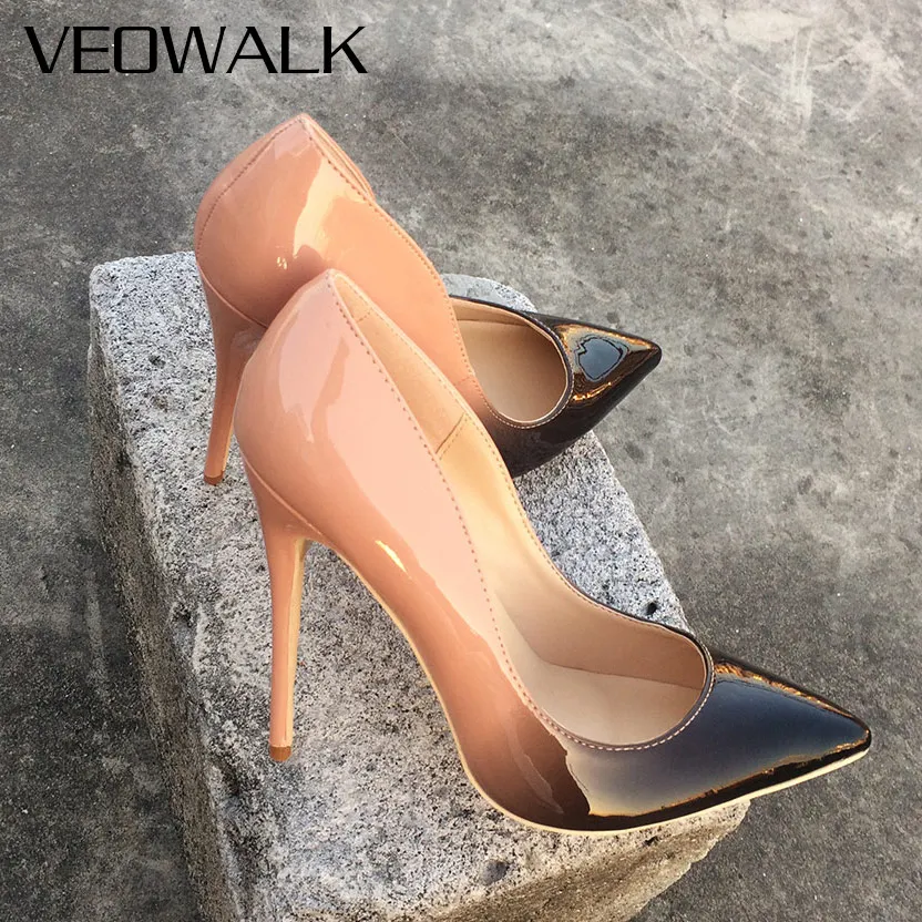 Tanie Veowalk gradientowe kolory kobiety Sexy Pointed Toe pompy cienkie szpilki stiletto buty damskie buty ze skóry lakierowanej Fashion Party