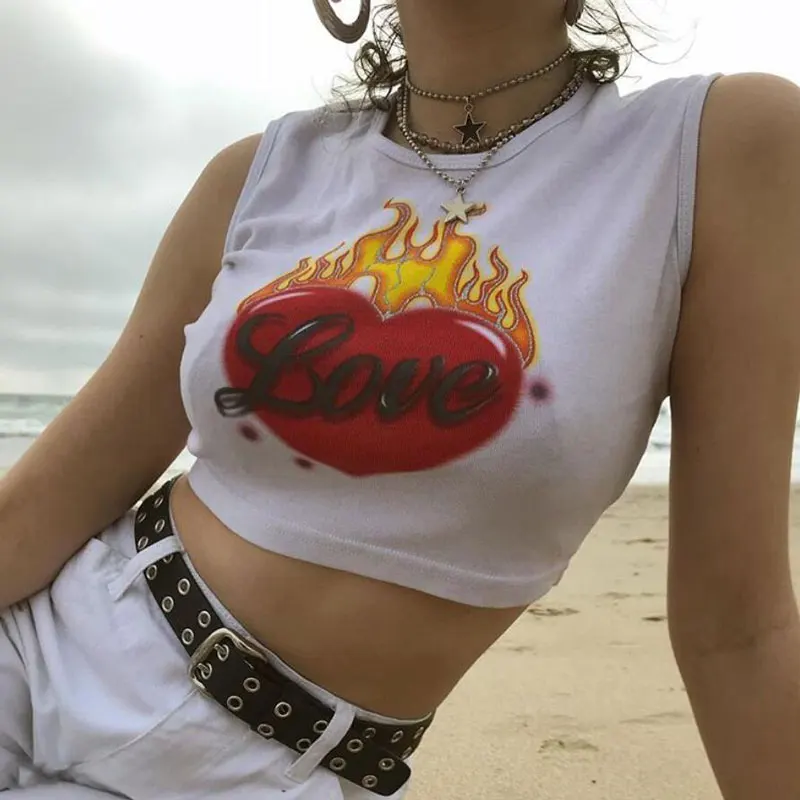 

Summer 2019 unif flame cropped love fire sleeveless Short t shirt red heart T-shirt Harajuku T Shirt sexy Crop Top camisas mujer