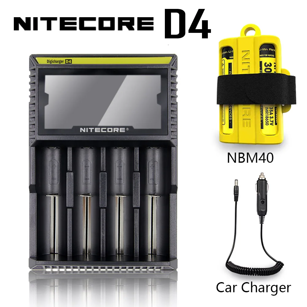 Популярное оригинальное зарядное устройство Nitecore D4 Digi, интеллектуальная ЖК-схема, глобальная страховка, литий-ионный аккумулятор 18650 14500 16340 26650, зарядное устройство - Цвет: D4 Car Charger NBM40