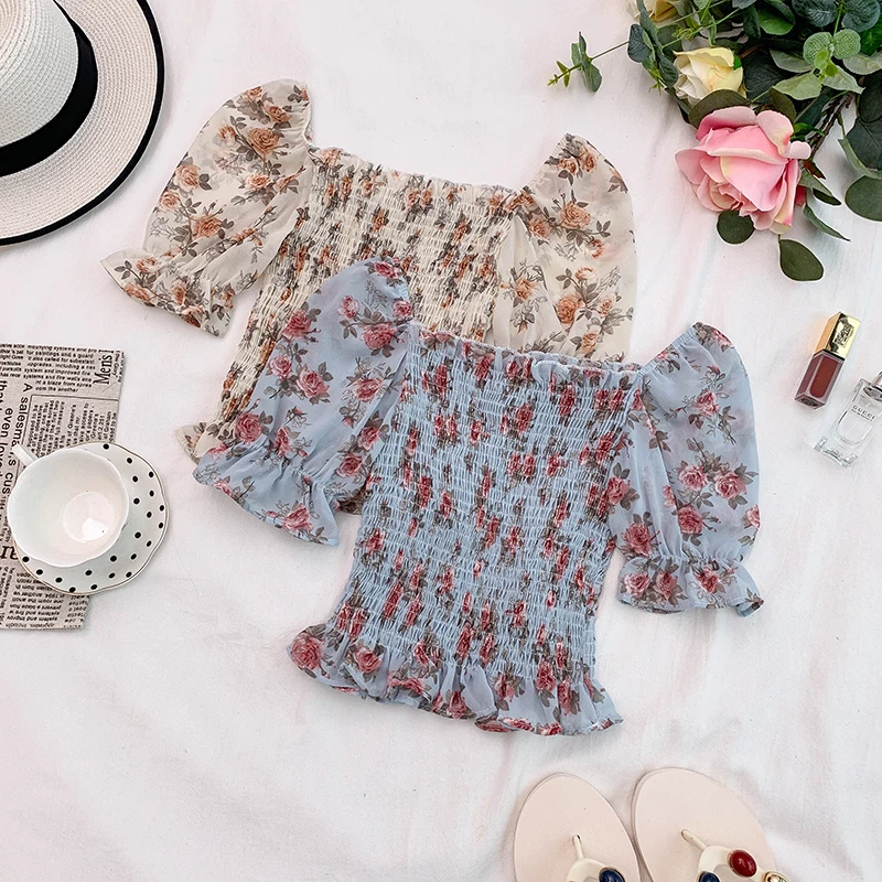 

2019 new fashion women's blouse shirt Fresh chiffon floral tube top fluffy sleeves waist slimming short