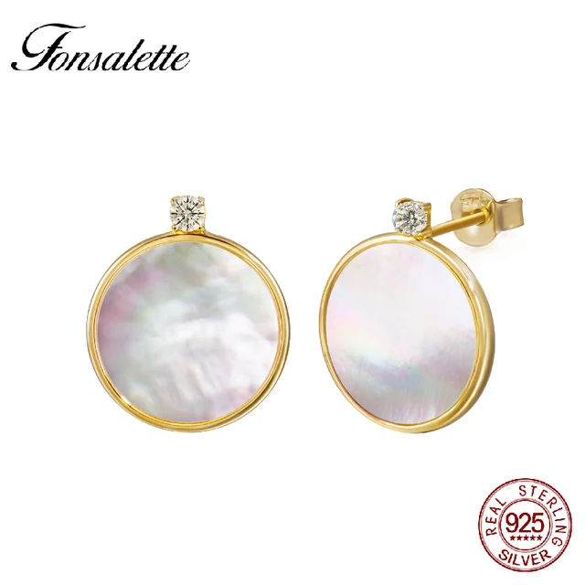 Fonsalette 925 Sterling Silver 18K Gold Tone Cubic Zircon Natural Shell Stud Ear Fonsalette 925 Sterling Silver 18K Gold Tone Cubic Zircon Natural Shell Stud Ear