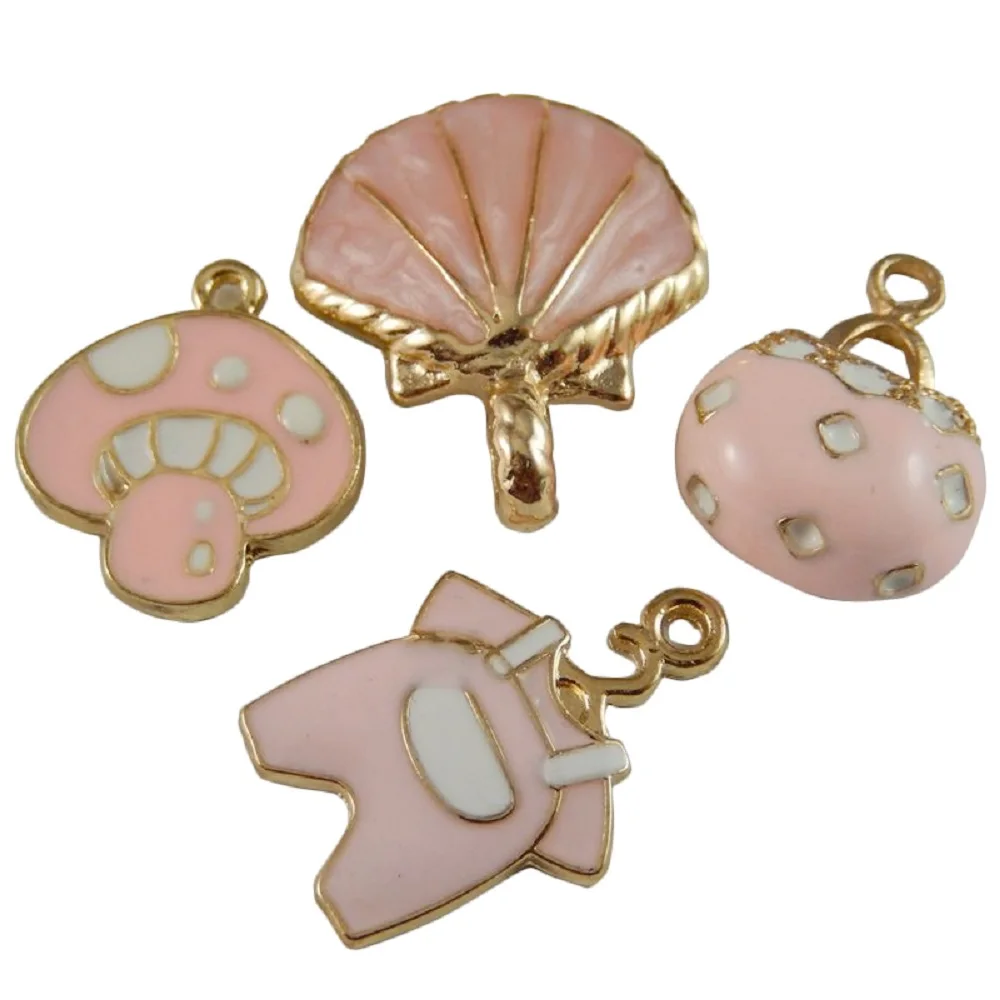 

Wholesale 20pcs Mixed 4 Style Cute Mini Jeans Suit Charms Pink Plated Jewelry Making Charming Mushrooms Handbag Metal Pendant