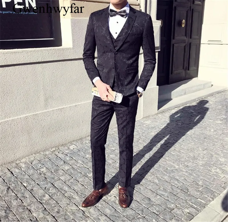 

Gwenhwyfar Wedding Prom Floral Suits for Men 2018 Fashion Mens 3 Piece Groom Suits Black Tuxedo for Men (Jacket+Vest+Pants)