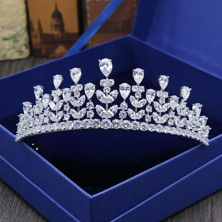 Свадебная тиара SLBRIDAL с прозрачным фианитом винтажная Корона невесты королевы