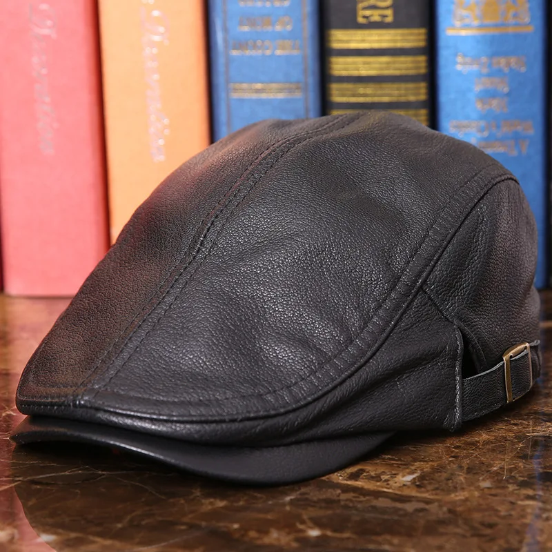 

thin men hat cap leather sheepskin casual Beret peaked cap