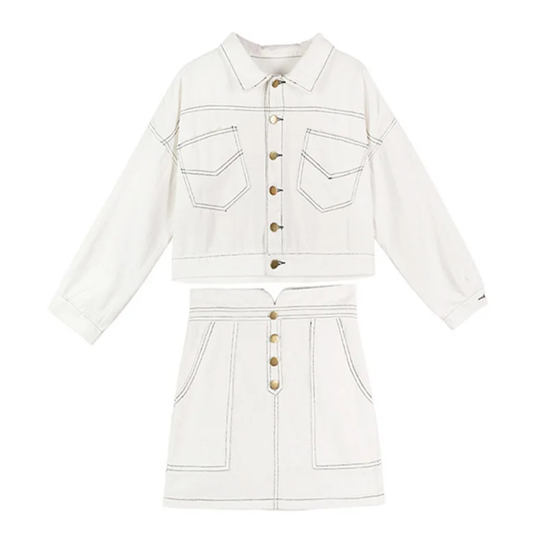 

PERHAPS U women set jeans denim jacket mini skirt solid two pieces set turn down collar black white T0022