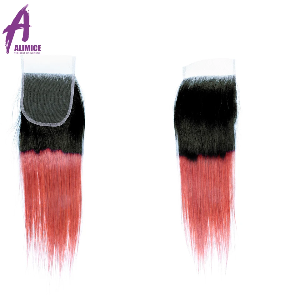 Alimice Ombre Bundles With Closure Brazilian Straight Hair 3 Bundles With Lace Closure 1BLight Pink Colored Human Hair Weave  (26)