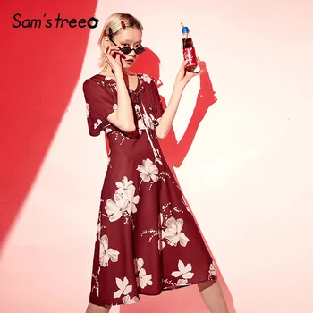 

SAM'S TREE Red Floral Print Casual Women Holiday Ruffle Dresses 2020 Summer Fashion Elegant Mid Waist Ladies Vintage Dress