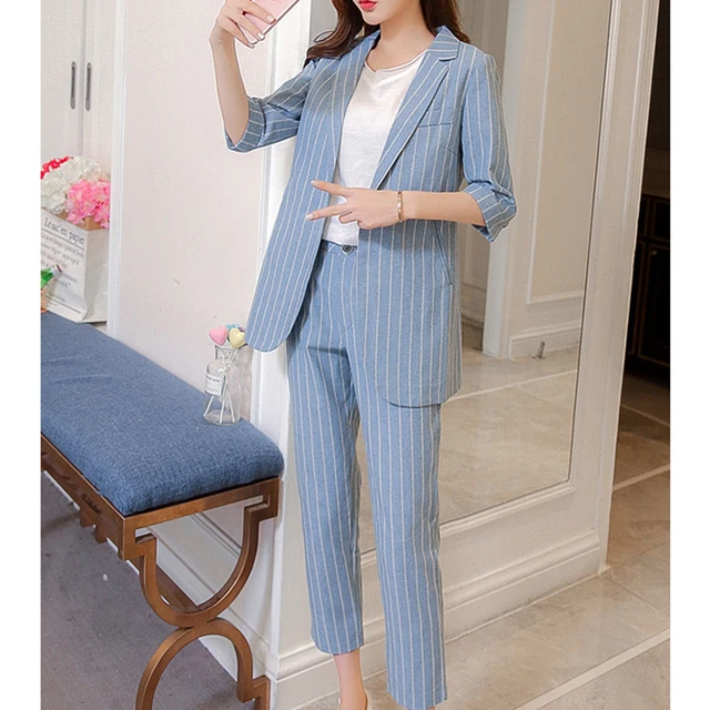 RUGOD 2018 Elegant Blue Striped Blazer Jacket & Pants Suit For Women 2 Two Pieces Set Slim Office Lady Suits Business Suits