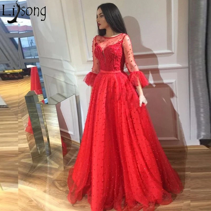 

Chic Pearls Tulle Long Prom Dresses A Line Long Sleeves Elegant Evening Gowns Robe de soiree Cheap Formal Dress Abendkleider
