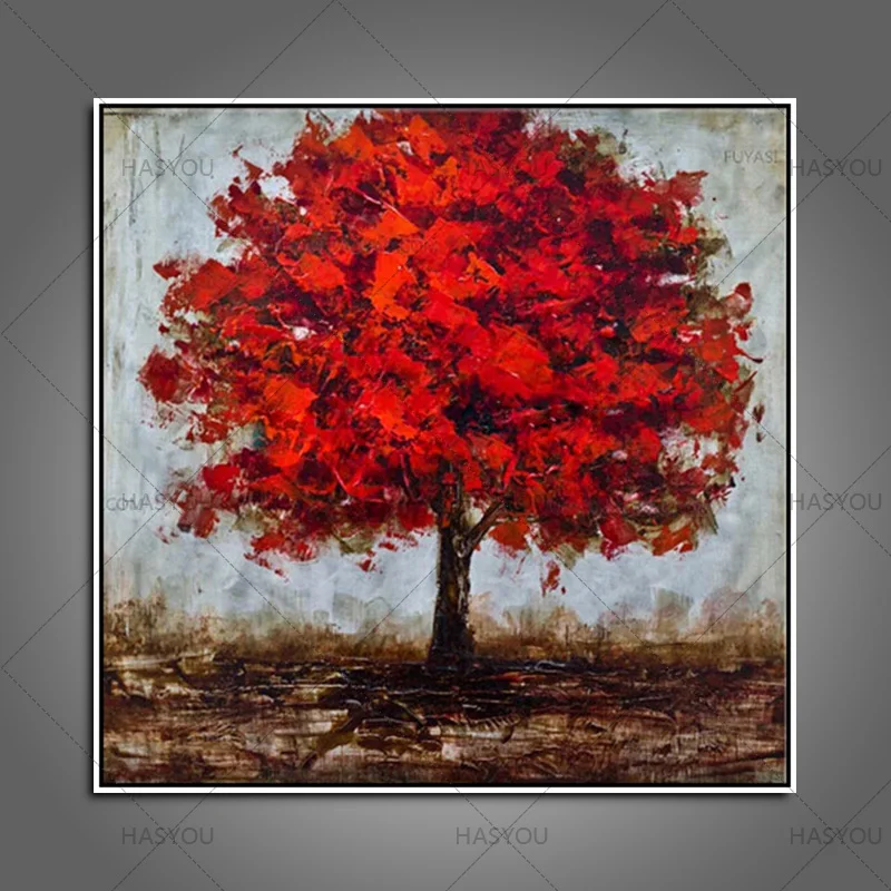 High Quality Hand Painted Tree Flower Oil Painting Beatiful Red Tree