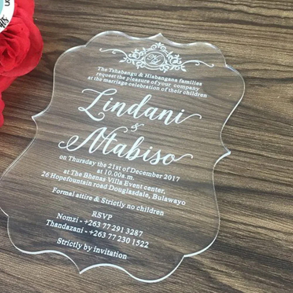 

50pcs/lot Custom Printing Acrylic Invitations Card For Wedding Engagement Birthday Invitations