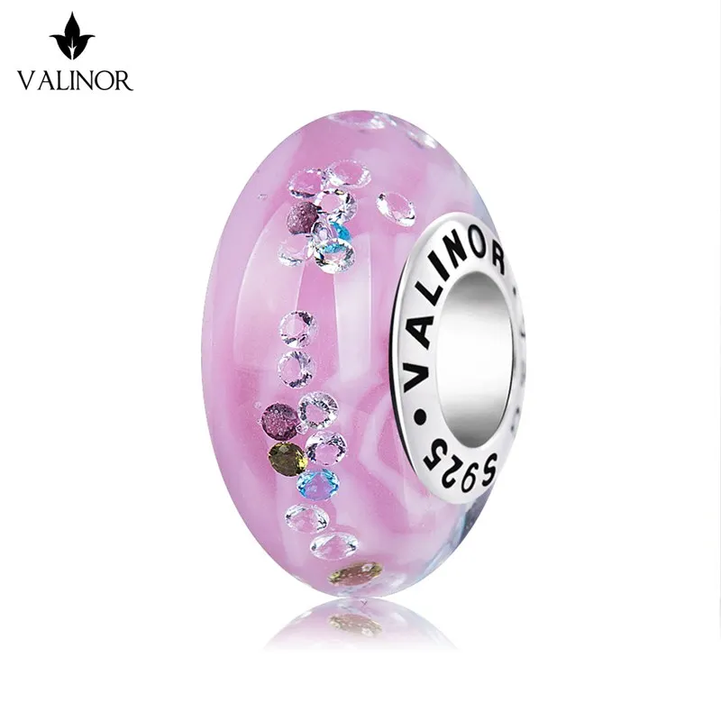 

Pink silk colorful zircon surround murano glass beads charms 925 Sterling Silver fit Bracelets Jewelry Trendy JKLL016-1