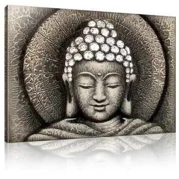 

100%Handmade BUDDHA Sun Silver Grey and Golden Zen Calming Religious - Oil Painting On Canvas